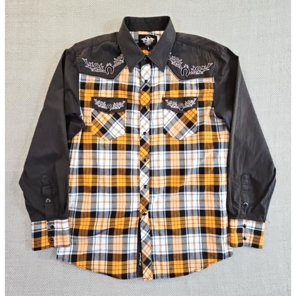 El General Western Shirt Pearl Snap Men’s Large Embroidered Roper‎ Plaid Cowboy